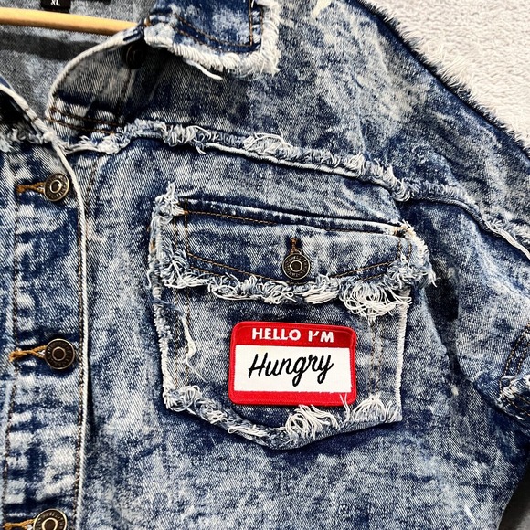 Thrill Jean Jacket Women XL Denim Fringe Distressed Crop Fringe I'm Hungry Skull - Picture 6 of 10